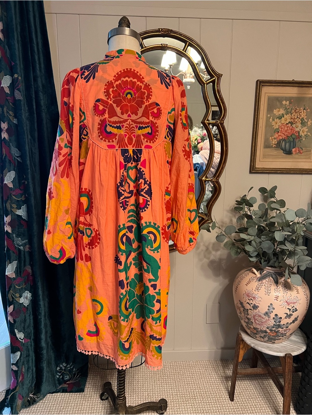 Bright Coral Embroidered Boho Midi Dress 100% cotton - Picture 6 of 15
